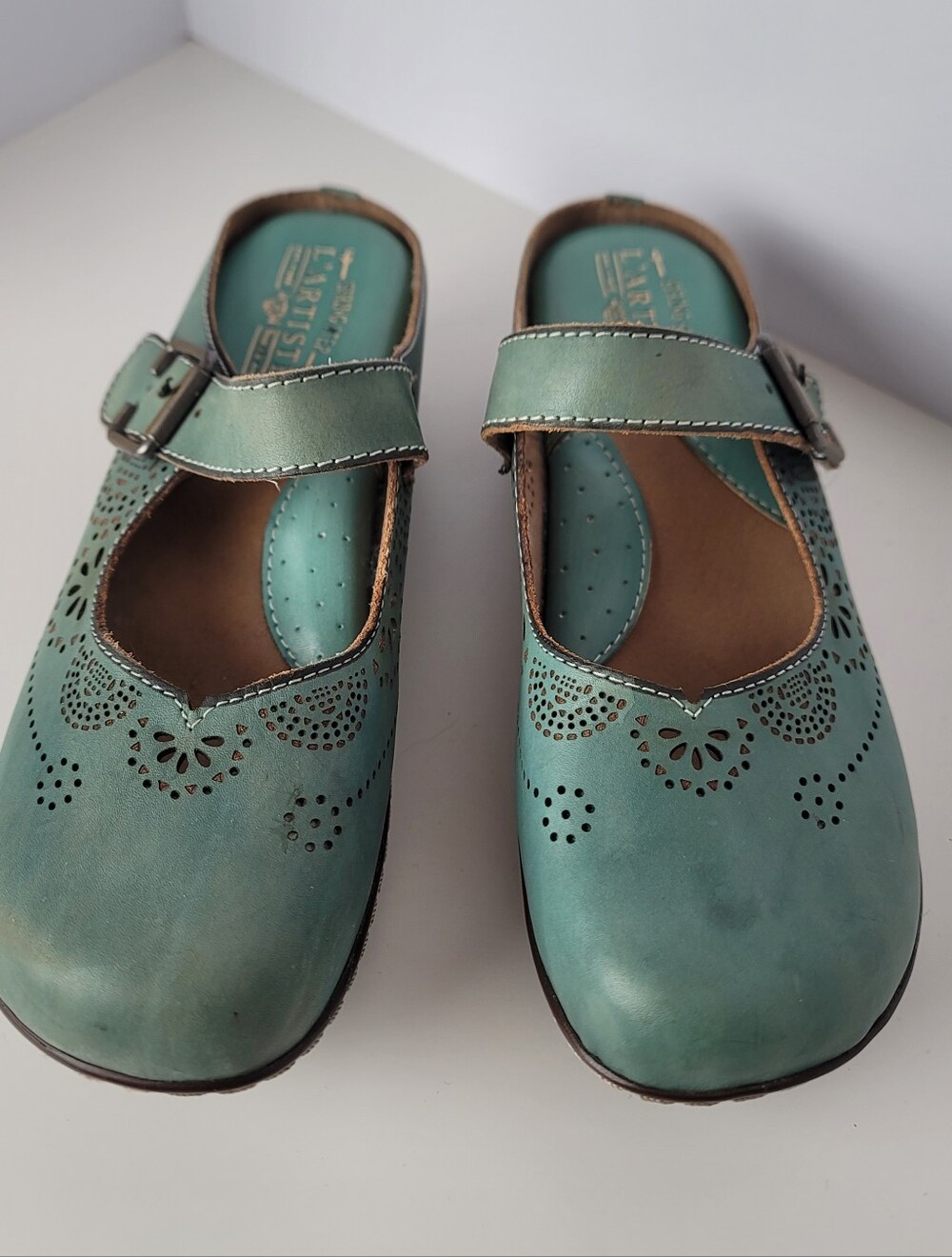 L'Artiste Aneria Clogs Mules By Spring Step Teal Green Leather EU 41 US 9.5-10